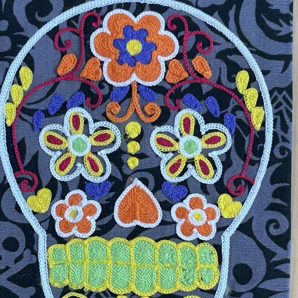 Pier 1 Day of the Dead Halloween Kitchen Towel‎ Embroidered Skull Crossbones